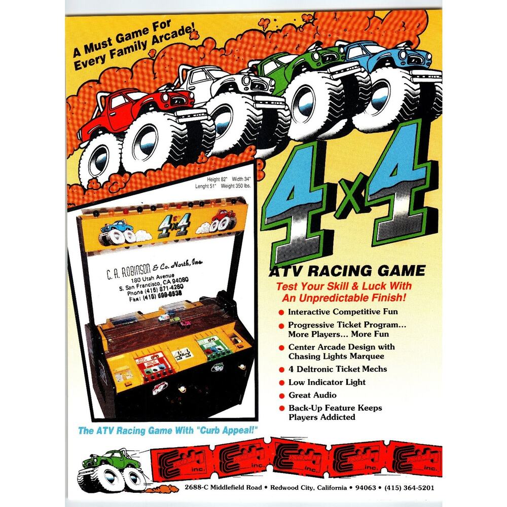 1980s 4x4 ATV Racing Arcade Game Flyer Exidy Inc California Vintage